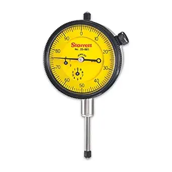 Starrett 25-881J Dial Indicator, 9.525mm Stem Dia, Lug-on-Center Back, Yellow Dial, 0-100 Reading, 57.15mm Dial Dia, 0-25mm Range, 0.01mm Graduation