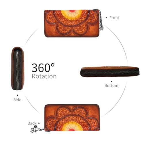Image of Wallet Genuine Leather for Women - with RFID Blocking Card checkbook ID Slot Large Capacity Vintage style (sunflower brown)