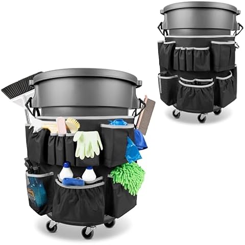 HODRANT Trash Can Caddy Bag Fit 32-55 Gallon Garbage Bin, Cleaning Caddy Bag with Adjustable Buckle for Industrial Trash Can, 13 Pockets Cleaning Tool Organizer for Cleaning Supplies, Bag Only Cover