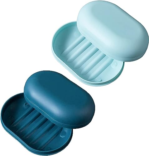 Jabonera con Tapa, 2 jaboneras, jabonera de Viaje, jabonera de Ducha portátil, Apta para baño, Viaje, Camping(Azul Oscuro + Azul Claro)