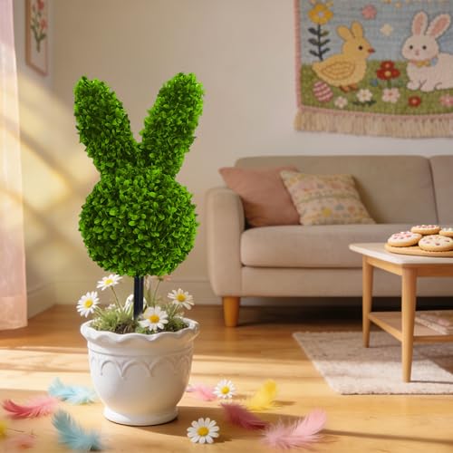 Artificial Easter Branches,Bunny Tree Easter Decor,24inch Bunny Shaped Boxwood Topiary,UV-Resistant Easters Home Decor for Porch, Outdoor & Indoor Spring Rabbit Artificial Topiary Tree (1PC)
