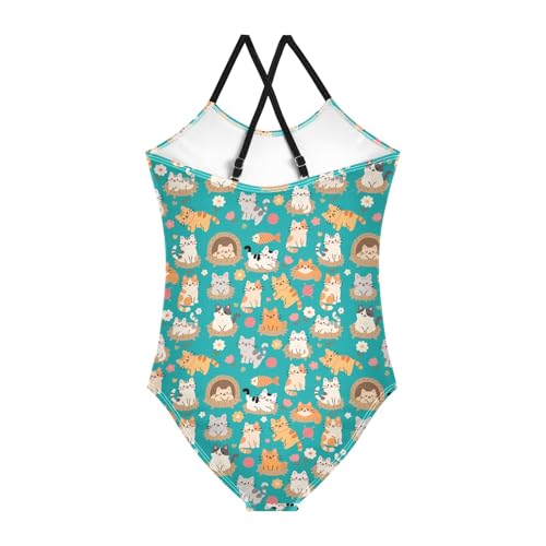 senya Girls Swimsuits One-Piece Swimwear Tie Bathing Suit Beach Summer Round Neck 7-8T Cat Yarn Ball Pattern2