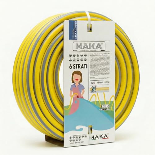 MAKA Tubo Acqua Giardino 1/2 Pollice 25 Metri 6 Strati 12.5mm Pressione 40 Bar Flessibile con Doppio Rinforzo Tessile Retinato Magliato Antitorsione Resiste a Caldo Gelo UV 4 Stagioni Riciclabile (25)