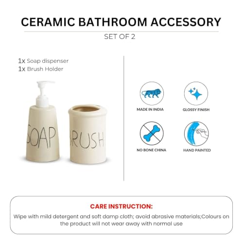 Image of ExclusiveLane 'Hand Lettered' Hand-Painted Ceramic Bathroom Accessories Set of 2 (Liquid Soap Dispenser for Wash Basin, Paste & Toothbrush Holder) |Handwash Dispenser |Bathroom Organiser Set