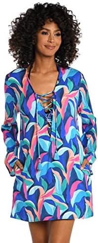 La Blanca Women's Lace Up Tunic Swimsuit Cover Up, Multi//Painted Leaves, XL