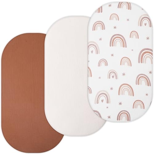 Image of Muslin Bassinet Sheets for Maxi COSI Iora, Delta Children, Graco, Munchkin Brica, 4moms MamaRoo, Chicco LullaGlide by TansyPanda, 3PC, 18x30 in, Ultra Soft, Breathable, Snug Fit, Unisex, Pink Rainbow