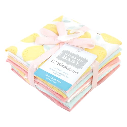 Image of Hudson Baby Unisex Baby Flannel Cotton Poly Washcloths, Lemon Daisy 12 Pack, One Size