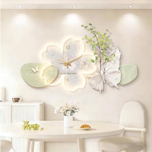 Image of ATCKCALB 3D LED Wall Art - Sandstone Flower Wall Clock with Butterfly & LED Strip, Modern Textured LED Wall Art for Living Room Dining Room(B,80 * 40cm/31.5 * 15.7in,No Light)