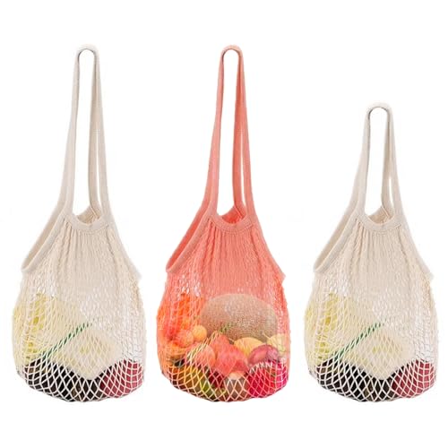 XUIIOSOOKP 3 Pcs String Bag, Grocery Mesh Bags Portable Cotton Net Bag, Reusable Mesh Produce Bags, Washable Foldable Shopping BagsTote Handbags for Fruit Vegetable Storage or Travel Outgoing Beach