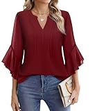 3/4 Sleeve Tops for Women Trendy 2025 Dressy Blouses for Women Business Casual Work Shirts Elegant Summer Office Attire Professional Formal Outfits Holiday Party Wedding Clothes Burgundy L