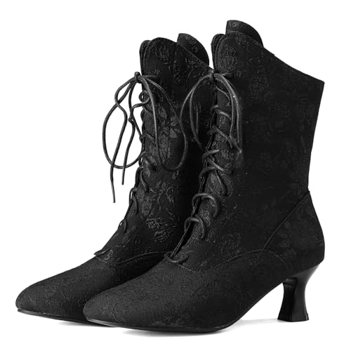 Victorian Boots for Women Vintage Granny Boots Renaissance Mid Calf Boots Costume Lace Up Low Heel Goth Boots with Zipper2