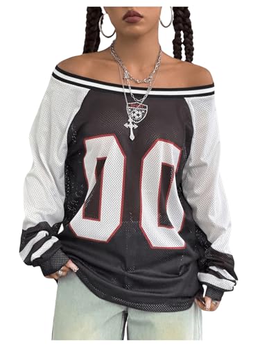 SHENHE Women's Oversized Mesh Jersey Shirt Y2k Long Sleeve Off Shoulder Graphic Tee Top