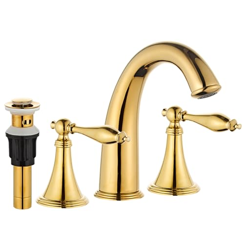 Gold Bathroom Faucet Widespread 3 Hole, 6–16 Inch Vanity Sink with 2 Handles, Drip-Free Ceramic Disc Valve, Solid Brass, Push Pop-Up Drain Assembly Included