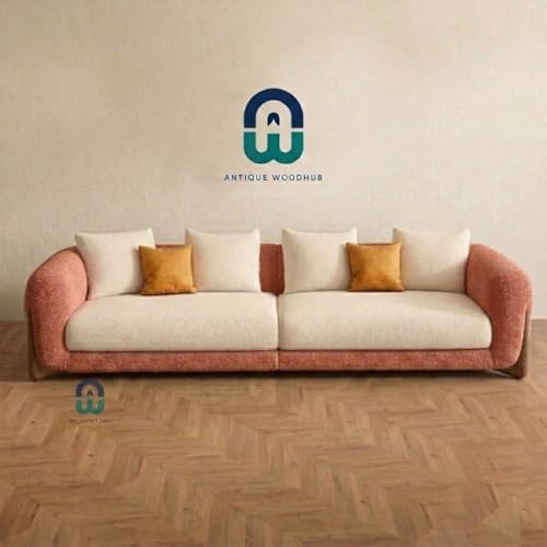 Image of Modern Sofa, Teddy Fabric, Chesterfield Style, Wooden Legs, for Living Room, Bedroom, Hallways (Rose-Off White, 3+1+Ottoman)
