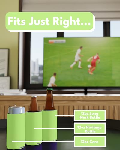 Image of PartyPrints 25 Pack Neon Green Blank Slim Can Cooler Sleeves | Plain Seltzer Customizable Bulk Coolers for Beer Bottles & 12oz Tall Cans | Skinny Collapsible Drink Insulated Sleeve