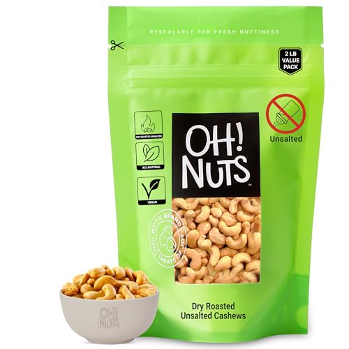 Oh! Nuts Dry Roasted Unsalted Cashews | All-Natural, No Additives, No Salt, No Oil | Fresh & Healthy, Protein Keto Snacks | Resealable 2-Lb. Bulk Bag | Low Sodium, Vegan & Gluten-Free Snacking