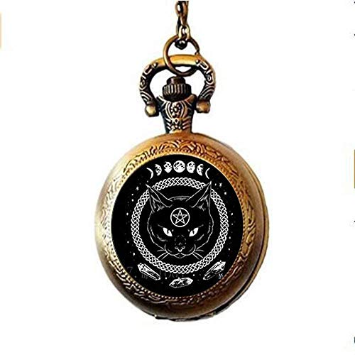 Montre gousset en verre avec pentagramme chat noir