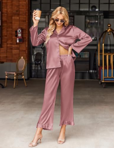 Ekouaer Silk Satin Pajamas Set Womens Long Sleepwear Button Down 2 Piece Classic Soft Loungewear Pjs Set Lotus Color Medium — view 2