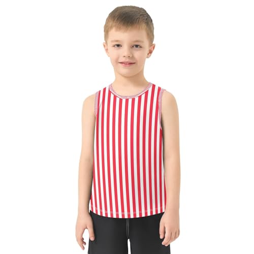 Red White Stripe Boys' Tank Top Shirts, Sleeveless Quick Dry Active Tank Undershirts for Outdoor Play, 3-15 Y2