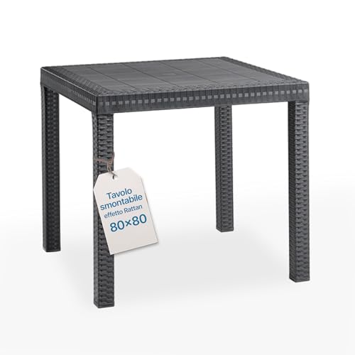 Tomaino - Tavolo da giardino in plastica, quadrato per esterno effetto Rattan, 4 posti, pranzo, bar, balcone (Nero)