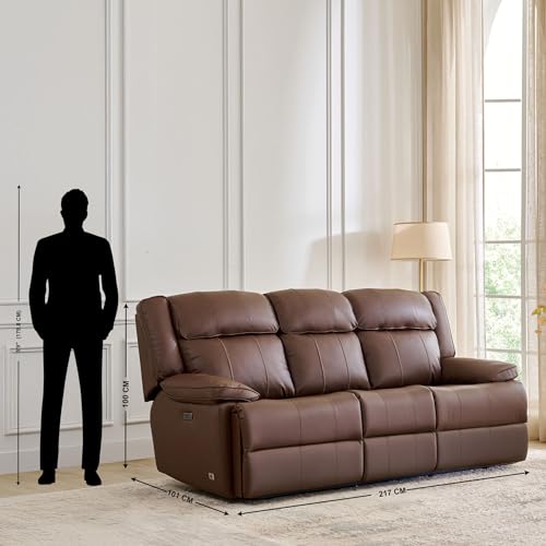 Image of Home Centre | Torino Faux Leather 3-Seater Electric Recliner | Recliner Sofa for Living Room | Solid Wood | Brown | 2 Year Warranty
