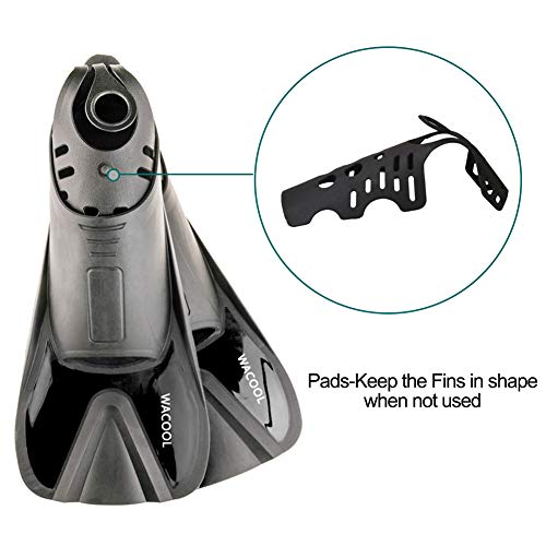 WACOOL Snorkeling Package Set for Adults, Anti-Fog Coated Glass Diving Mask, Snorkel with Silicon Mouth Piece,Purge Valve and Anti-Splash Guard w/Travel Short Swim Fins (Black L)