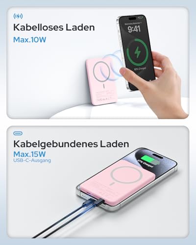 Powerbank für Magsafe, TRKOY Slim Magnetische Power Bank für iPhone 5000mAh, Schnellladung Kabellose Powerbank mit USB-C Ausgang, Externe Handyakkus für iPhone 17/16/15/14/13/12 Serie, Rosa 5