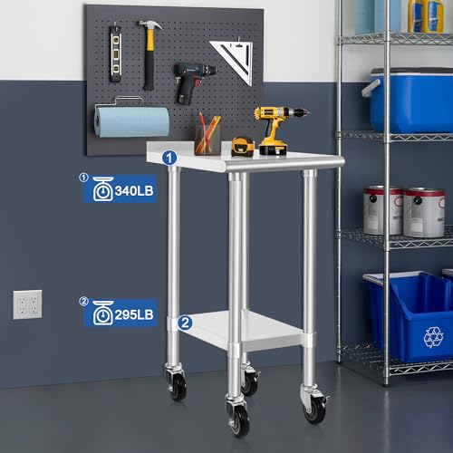 Image of HARDURA Stainless Steel Commercial Work Table with Wheels Prep & Work Metal Table 24x15 Inches Heavy Duty NSF with Casters and 2 inch Backsplash