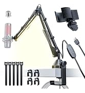 CACENCAN ML-06 Microphone Arm, Microphone Stand, Tabletop with LED Light, Desk Light, Arm Light, LED Light, Eye Friendly, Light Bulb White, Daylight Color, Microphone Boom Arm, 3/8-5/8-Inch
