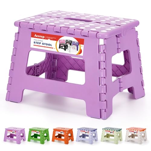 ACSTEP 9 Inch Folding Step Stool 300 LB Capacity Plastic Foldable Step Stools for Kids and Adults, Folding Stool Suitable for Kitchen, Stepping Stool with Handle Light Purple Small Step Stool 1PC by ACSTEP - Used condition - US$13.39