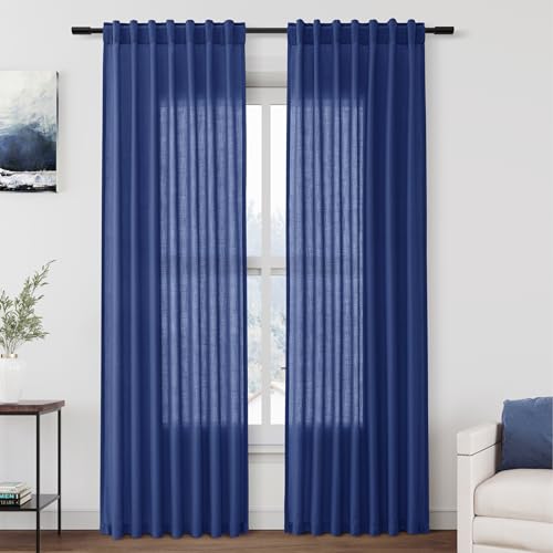 Image of Classic Blue Linen Curtains 84 Inch Length 2 Panels Set for Living Room Rod Pocket Back Tab Light Filtering Window Drapes for Bedroom Dining Room Protect Privacy Modern Farmhouse Decor 52x84