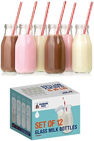 Premium Vials, 11 Oz Glass Milk Bottle Set of 12 - Includes Reusable White Lids and Straws (12)