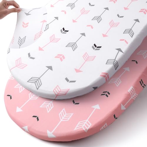 Image of Stretch Fitted Bassinet Sheet Set BROLEX 2 Pack Cradle Sheets for Bassinet Pad/Mattress,Unisex Boys Girls,Ultra Soft,Pink Arrow