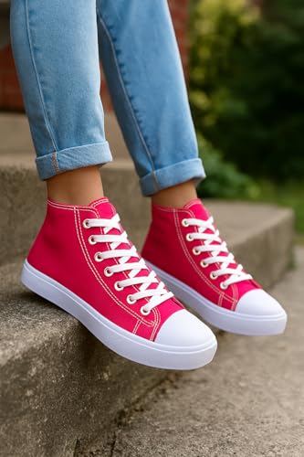 Image of Women's High-Top Canvas Sneakers - Classic Lace-Up Casual Shoes with Extra Shoelaces - Comfortable, Stylish, and Durable