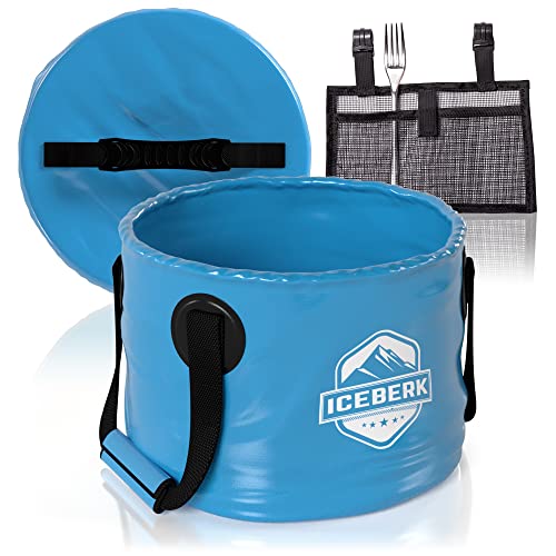 Iceberk Faltschüssel mit Deckel und Netzbeutel - 15L | Tragbarer Outdoor Falteimer - wasserdicht, robust & platzsparend | Camping Waschschüssel & Vorratsbehälter aus PVC Cover