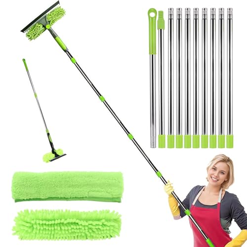 Window Cleaning Kit Extra Long 2in1 Cleaner Equipment, Professional Window Squeegee Glass Cleaning Tool with Spare Microfiber Cloth Squeegee Strips