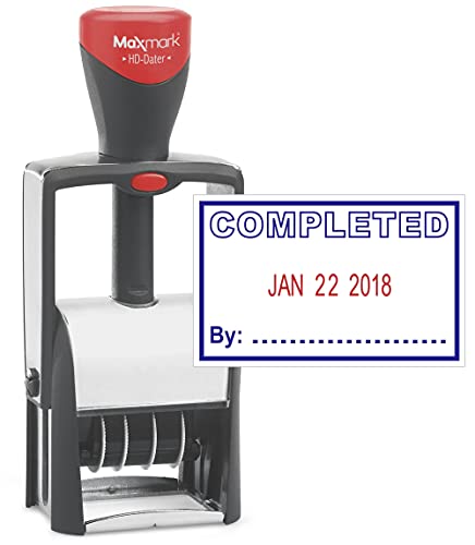 MaxMark Heavy Duty Self Inking Date Stamp with Phrase Completed - 2 Color Blue/Red Ink