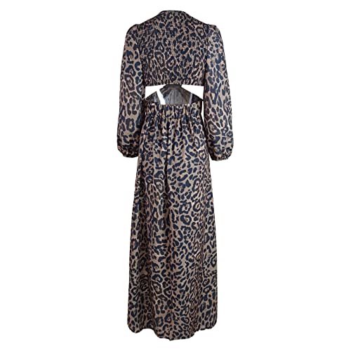 Vestido feminino sexy com estampa de leopardo, gola V, sem cintura, manga comprida, fenda na altura