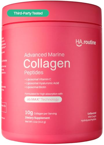Advanced Marine Collagen Powder Plus Liposomal Vitamin C, Hyaluronic Acid & Biotin, Sugar-Free Type I Collagen Supplement for Skin, Hair, Nails, Joint & Gut Health - 30 Servings, Unflavored