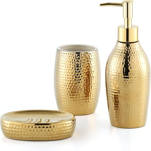 Gold Bathroom Accessory Set - 3 Piece Decorative Ceramic Bathroom