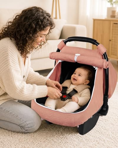 Image of DILIMI Car Seat Covers for Babies, Muslin Cotton Baby Car Seat Cover with Breathable Mesh Window, Summer Infant Car Seat Canopy for Boys Girls Newborn, Dark Pink