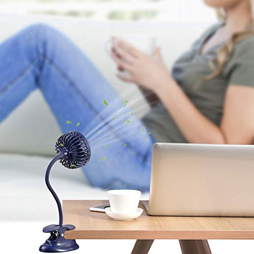 Clip On Fan Usb Mini Fan Battery Operated Desk Fan With Emergency Power Bank, Baby Stroller Fan Rechargeable Personal Fan Flexible Neck 3 Speeds Great For Beach Car Camping Dorm Bed Office-Navy Blue #TOP1