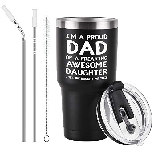 🛒 Flash Sale Father's Day Gifts I'm A PROUD DAD Travel Tumbler with Lid, Funny Birthday Christmas Gifts for Dad Father Best Dad Men from Kids daughter, 30 Oz Insulated Stainless Steel Tumbler with Straw, Black