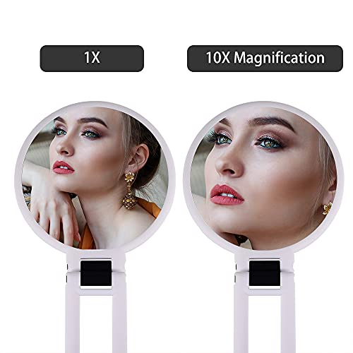 Lotiko 1X 10X Magnifying Handheld Mirror,Travel Folding Hand Held Mirror,Double Sided Pedestal Magnification And True Image Makeup Mirror, Portable Vanity Cosmetic Mirror For Women （White） #TOP4