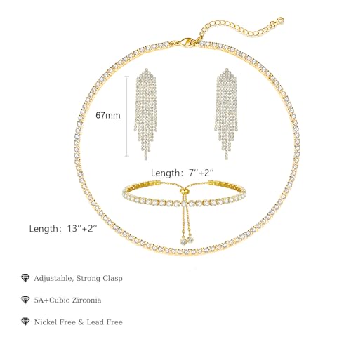 Image of HAXIYA Tennis Necklace Bracelet for Women, Sterling Sliver Jewelry Set, Silver /Gold Chocker Necklace, Crystal Bracelet for Women, Wedding Jewelry for Bride, Sparkly Party Prom Hypoallergenic