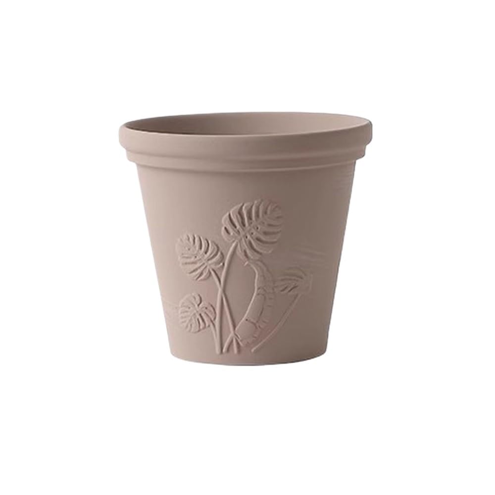 SDA287MZ Round Terra Cotta Flower Pots Mocha Colour with Leaf Pattern Plant Pot, with Drainage Holes Desktop Planter, for Windowsill Living Room Bedroom Multifunction