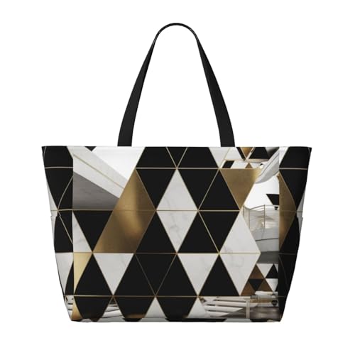 (Fashion Modern Black White Gold Triangles) Large Beach Tote Bag for Women Waterproof Sandproof Travel Shoulder Bag with Pocket for Pool Vacation Weekend Gym2