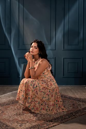 Image of Juniper Floral Printed Fit & Flare Viscose Dress with Full Sleeves