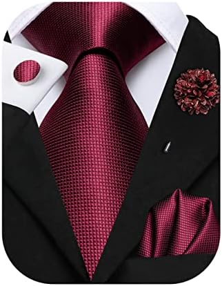 Hi-Tie Classic Mens Tie Flower Lapel Pin Set Silk Woven Necktie Pocket Square Cufflinks Red Pink Gold Blue Wedding Tie