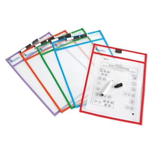 Learning Resources Fundas para Escribir y Borrar – Set de 5 Fundas Reutilizables con Rotuladores – para Hojas A4 – Desde 3 Años – Juego Educativo Sostenible